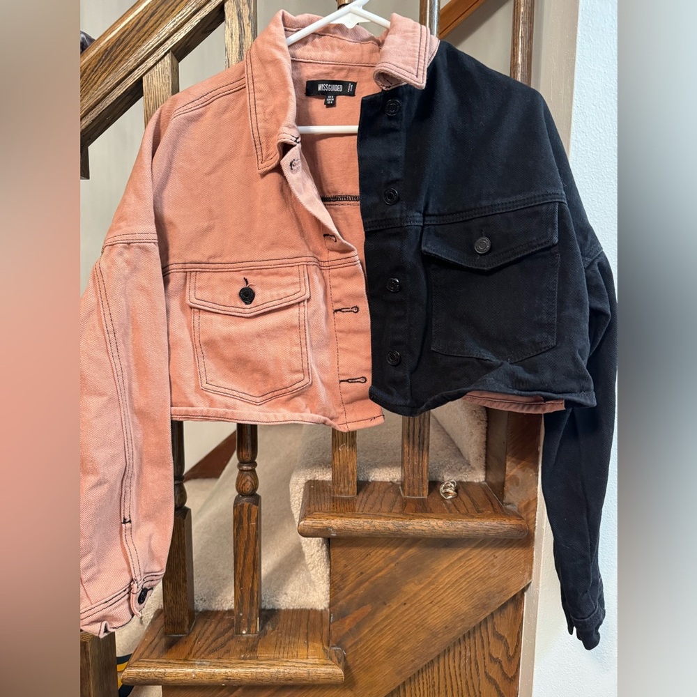 Misguided cropped black and pink jean jacket
